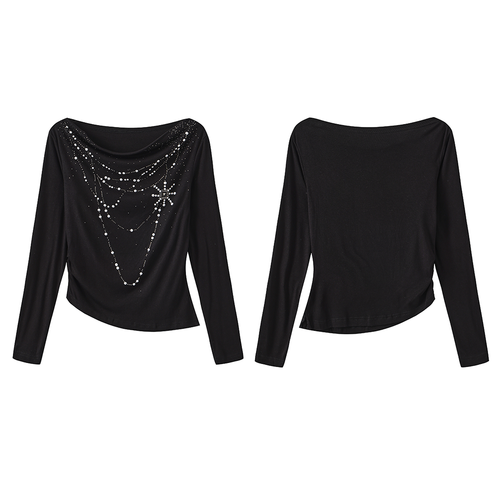 Pearl Trimmed Draped Neck Wool Top