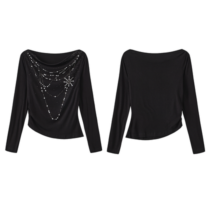 Pearl Trimmed Draped Neck Wool Top