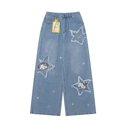 Crazy_Girl_Cute_Cartoon_Cat_Star_Machine_Embroidered_Frayed_High_Waist_Women&