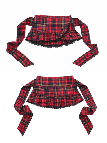ONNASENSHI_Red_Plaid_Patchwork_Low_Waist_Tie_Bow_Front_Slit_Women&