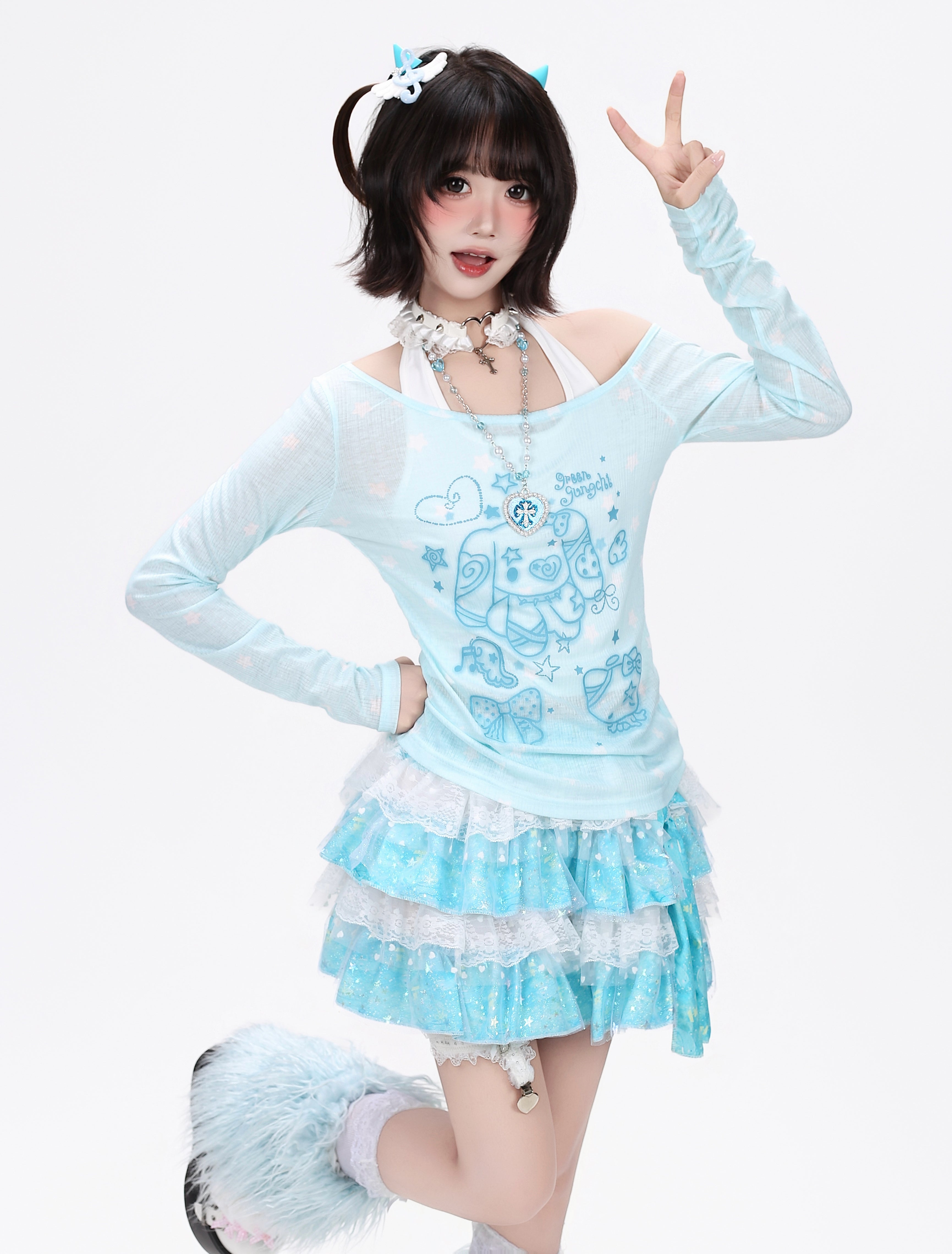 Crazy_Girl_Star_Bow_Print_Splice_Slim_Fit_Round_Neck_Women&