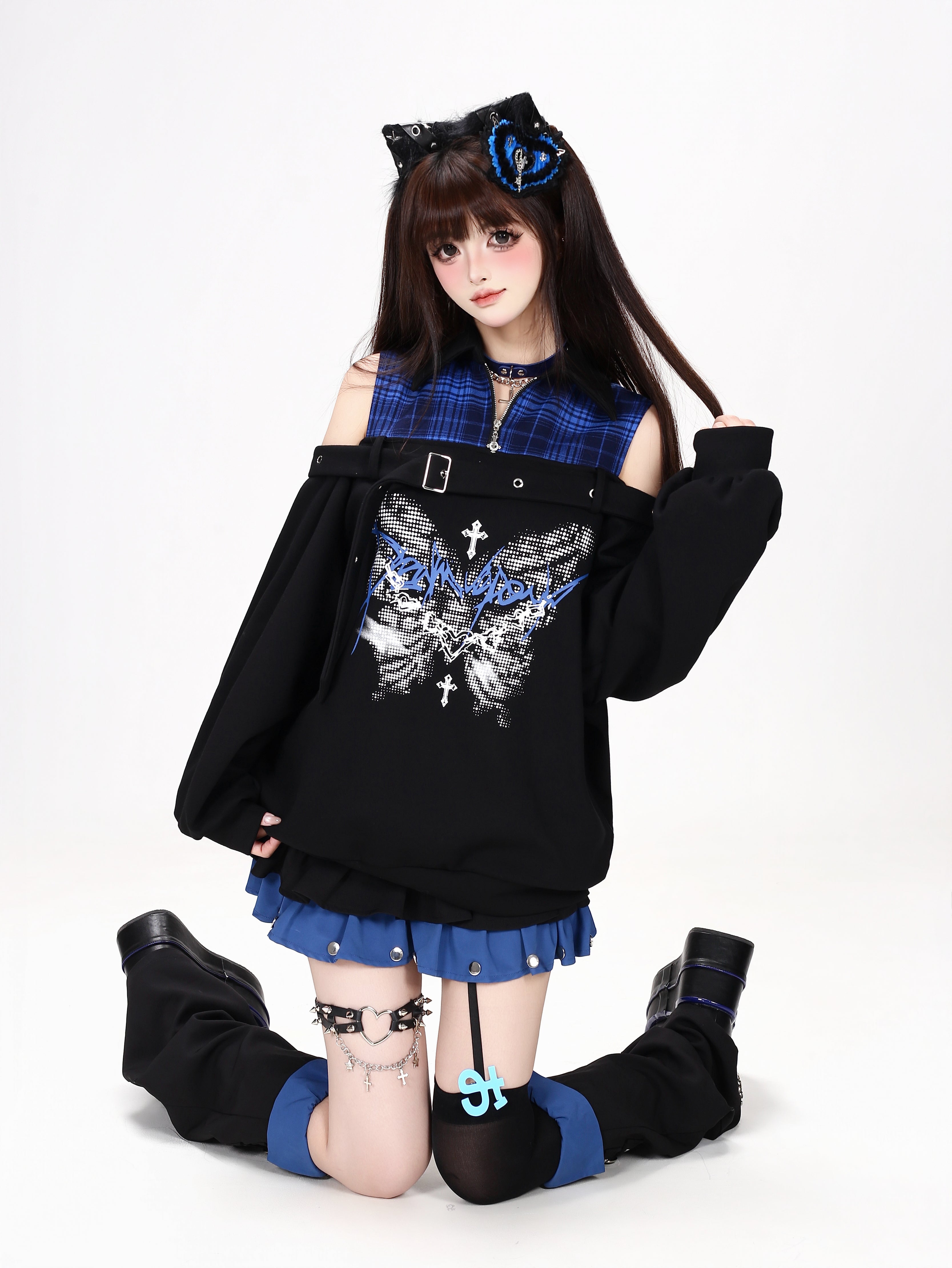 Crazy_Girl_Butterfly_Plaid_Patchwork_Half_Zip_Turndown_Collar_Women&