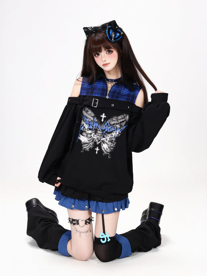 Crazy_Girl_Butterfly_Plaid_Patchwork_Half_Zip_Turndown_Collar_Women&