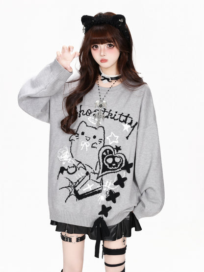 CRAZYGIRL_Ghost_Cat_Lace_Up_Jacquard_Loose_Fit_Women&