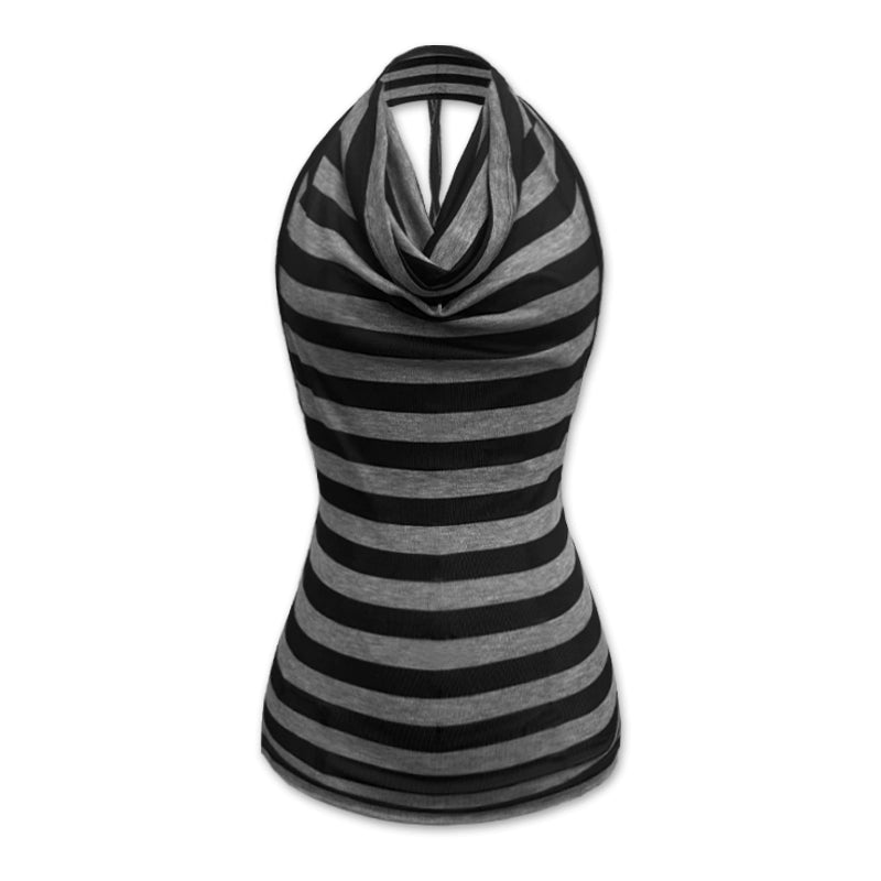 Black Gray Striped Swing Neck Halter Top