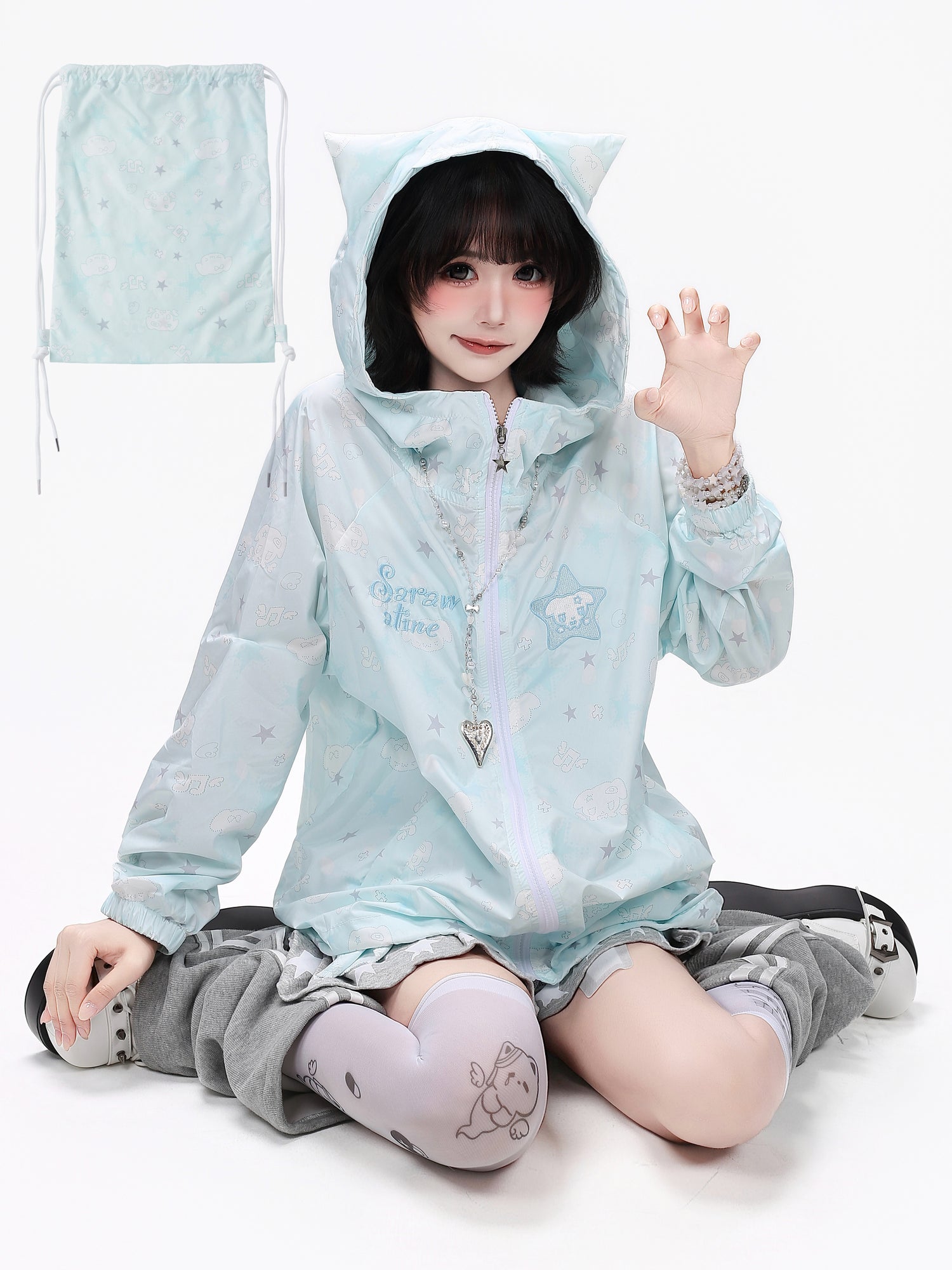 Crazy_Girl_Star_Print_Hooded_Upf50_Loose_Zip_Women&