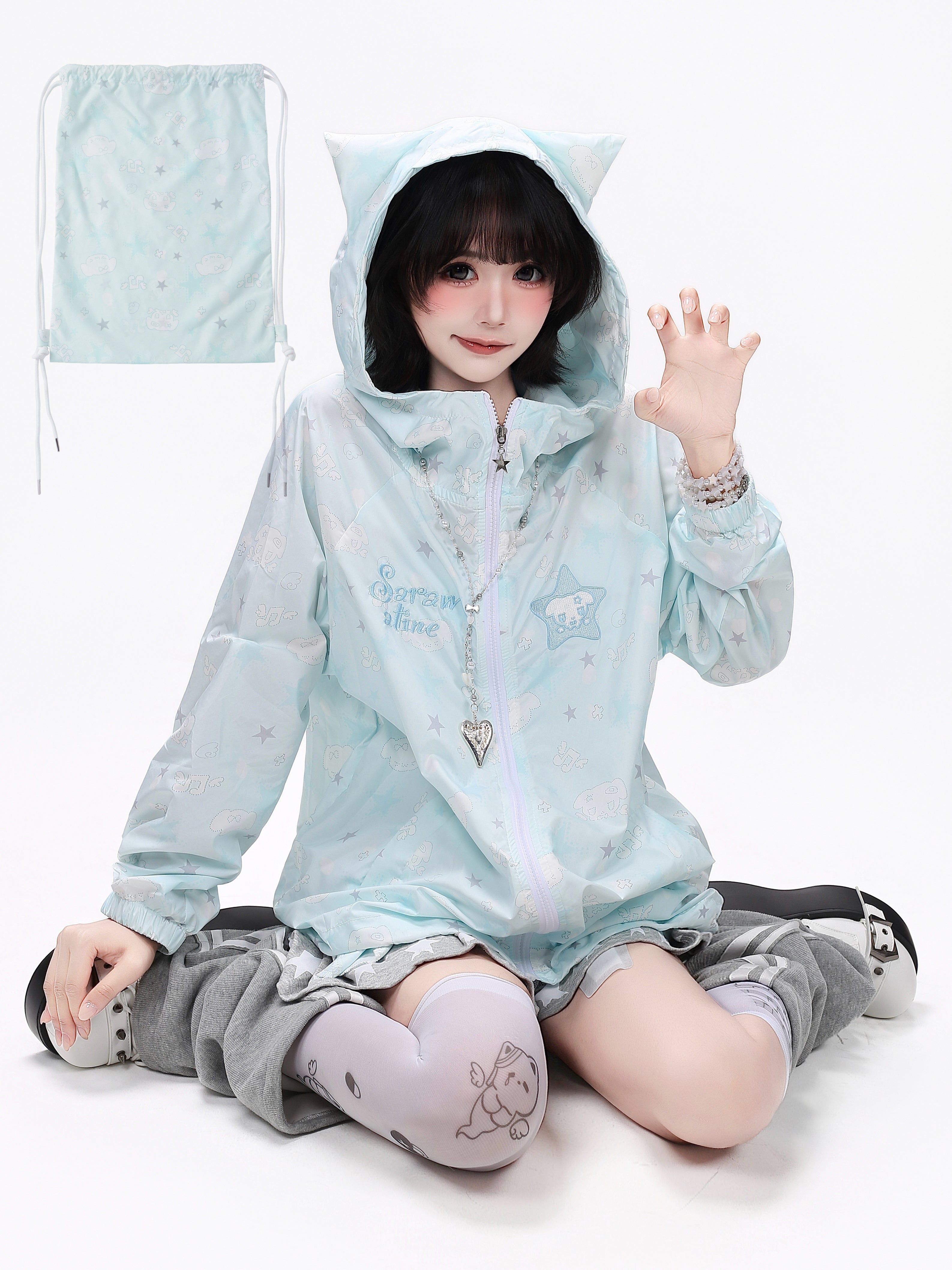Crazy_Girl_Star_Print_Hooded_Upf50_Loose_Zip_Women&