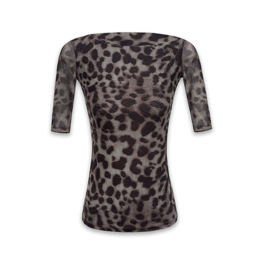 Stretch Leopard Mesh Slim Fit Mid Sleeve Top