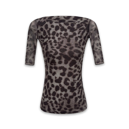 Stretch Leopard Mesh Slim Fit Mid Sleeve Top