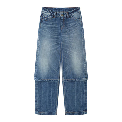RUN TO THE FUTURE Washed Blue Denim Low Waist Relaxed Fit Casual Zipper Fly Wide-Leg Jeans