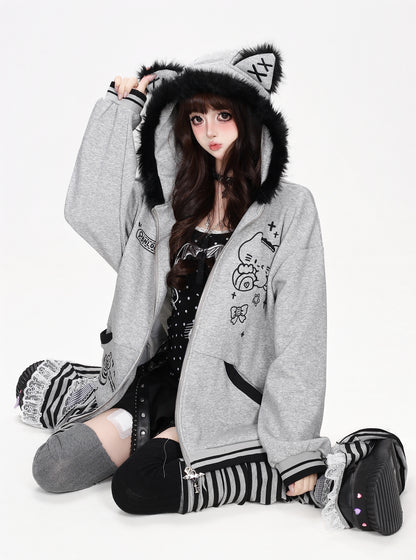 CRAZYGIRL_Plush_3d_Cat_Ear_Striped_Loose_Fit_Zip_Up_Hooded_Women&