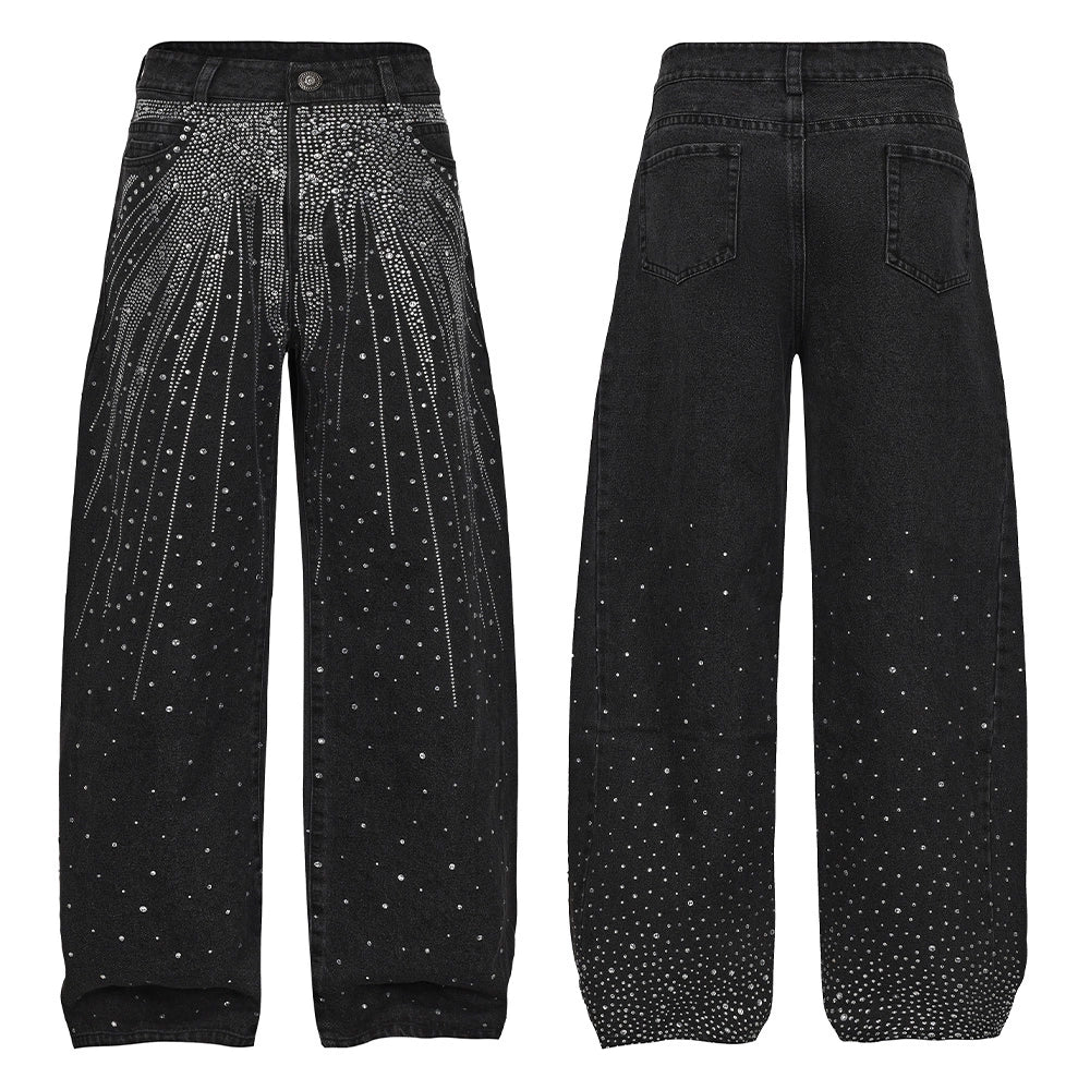 Sparkling Diamond Wide Leg Jeans With Crystal Embellishments
