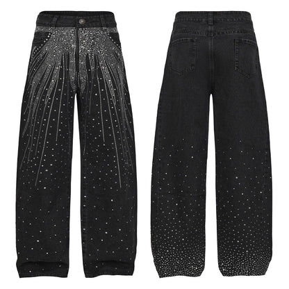 Sparkling Diamond Wide Leg Jeans With Crystal Embellishments
