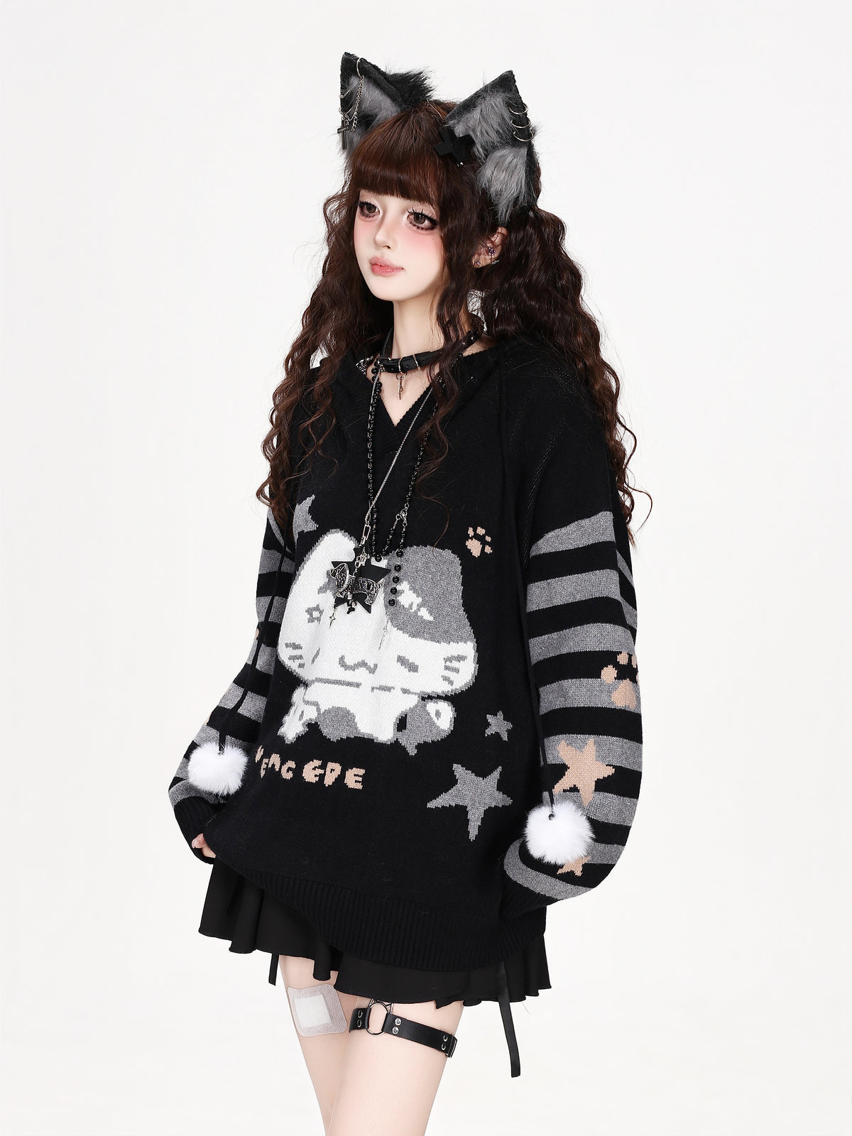 CRAZYGIRL_Cute_Cat_Fish_Jacquard_Loose_Hooded_Women&