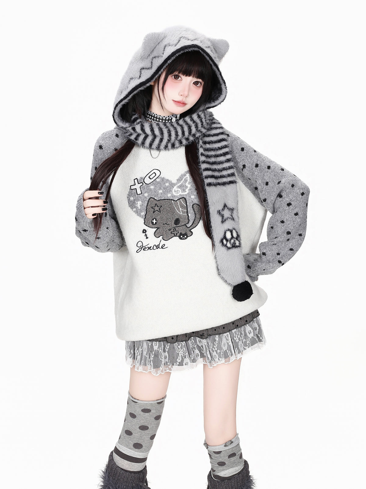 CRAZYGIRL_Heart_Cat_Ear_Color_Block_Polka_Dot_Patchwork_Loose_Women&