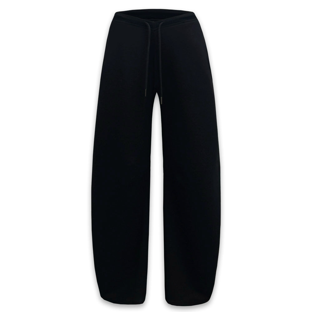 Black Textured Curved Drawstring Wide Leg Banana Pants