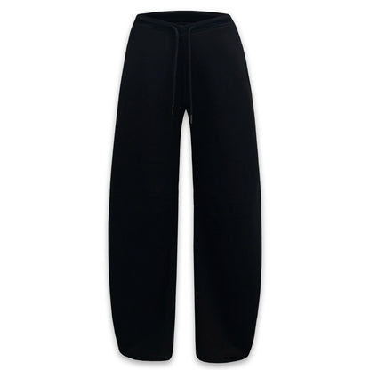 Black Textured Curved Drawstring Wide Leg Banana Pants