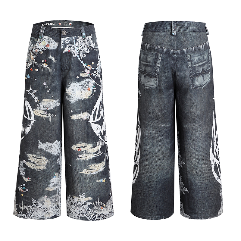 Lace Rune Wide Leg Acid Wash Print Jeans
