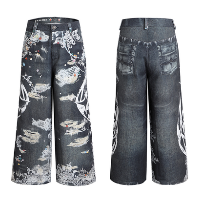 Lace Rune Wide Leg Acid Wash Print Jeans