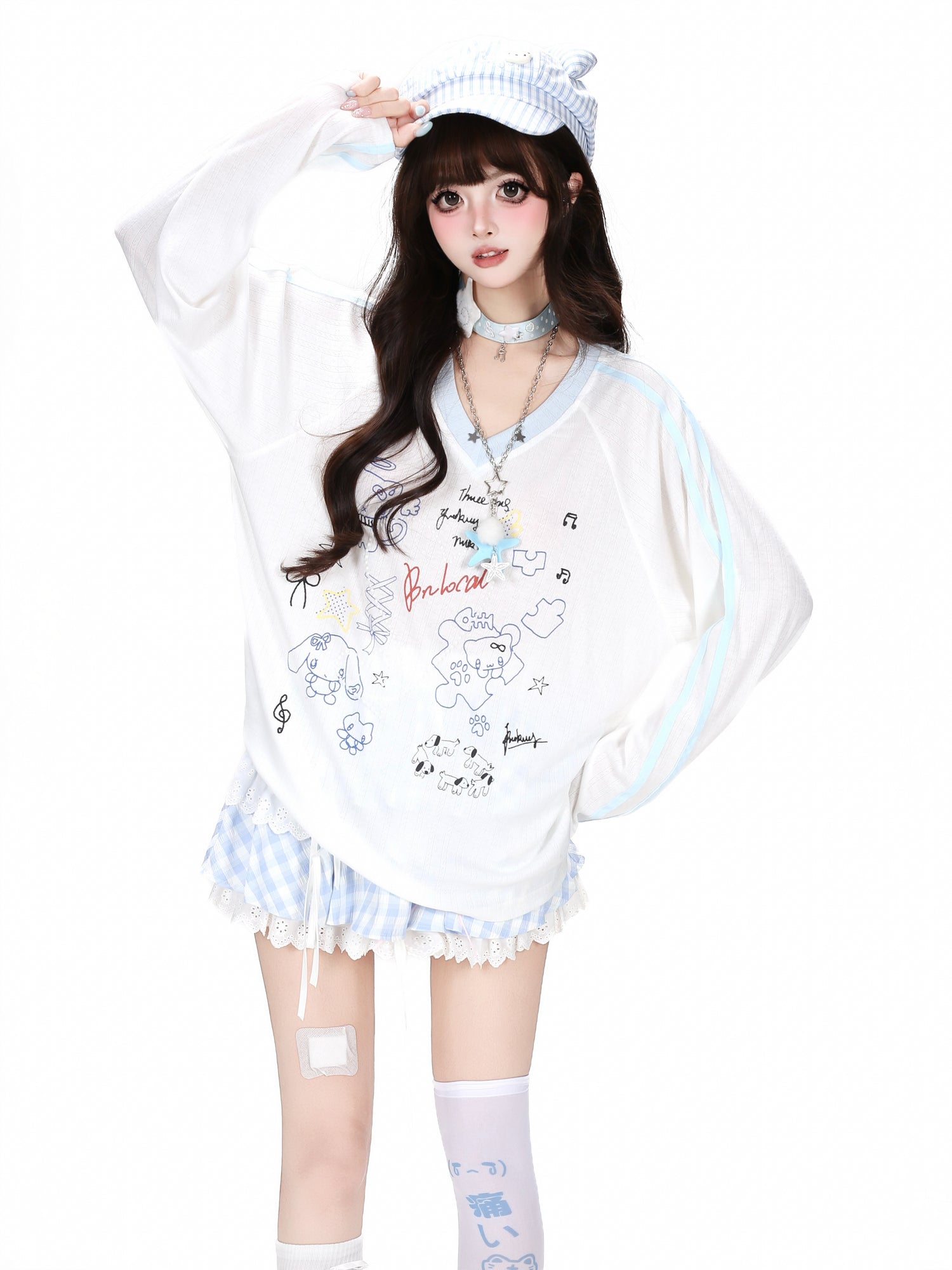 Crazy_Girl_Korean_V-neck_Raglan_Patchwork_Loose_Women&