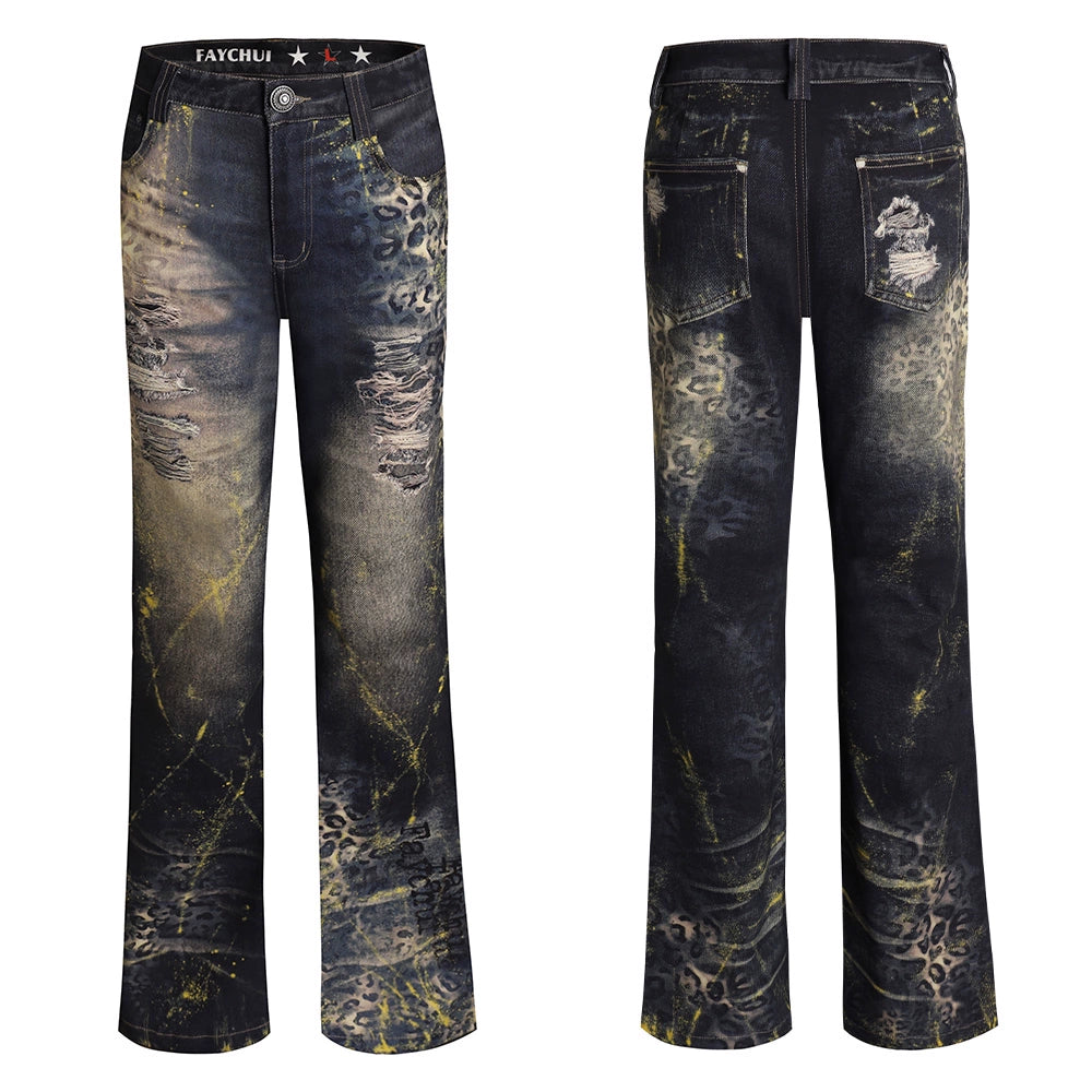 Vintage Washed Leopard Flare Jeans