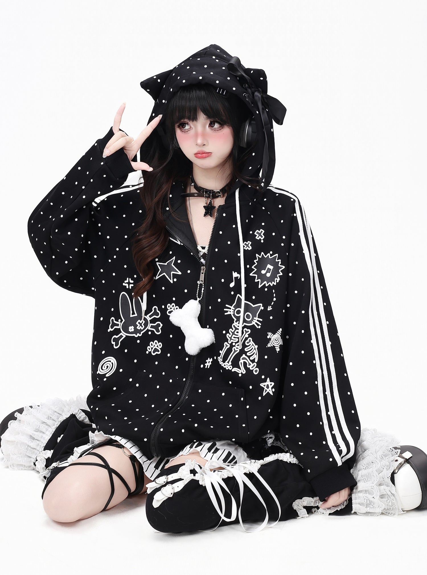 Crazy_Girl_Skull_Kitten_Polka_Dot_Cat_Ear_Drawstring_Loose_Fit_Women&