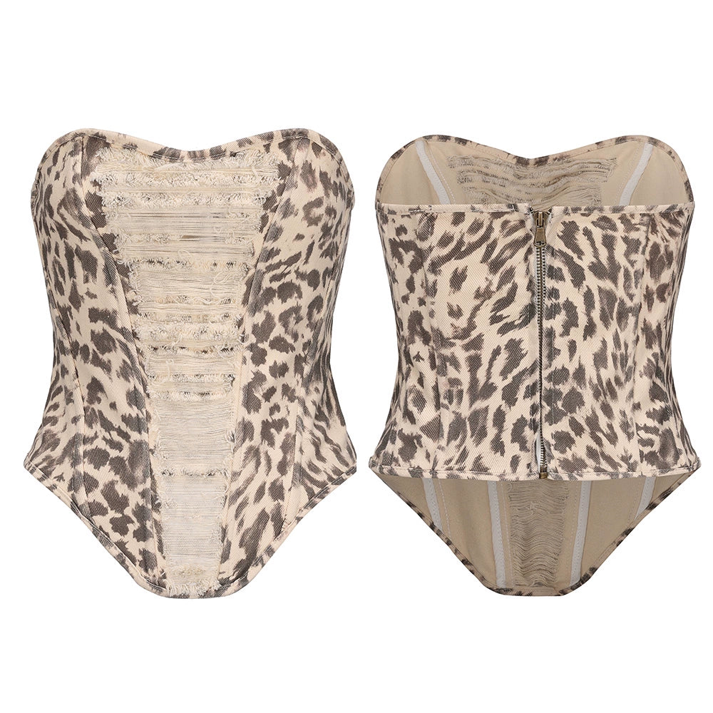 Leopard Fringe Distressed Bustier Top