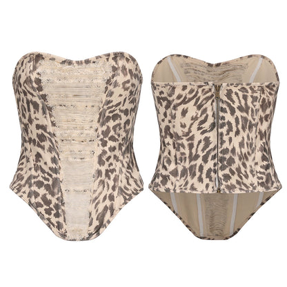 Leopard Fringe Distressed Bustier Top