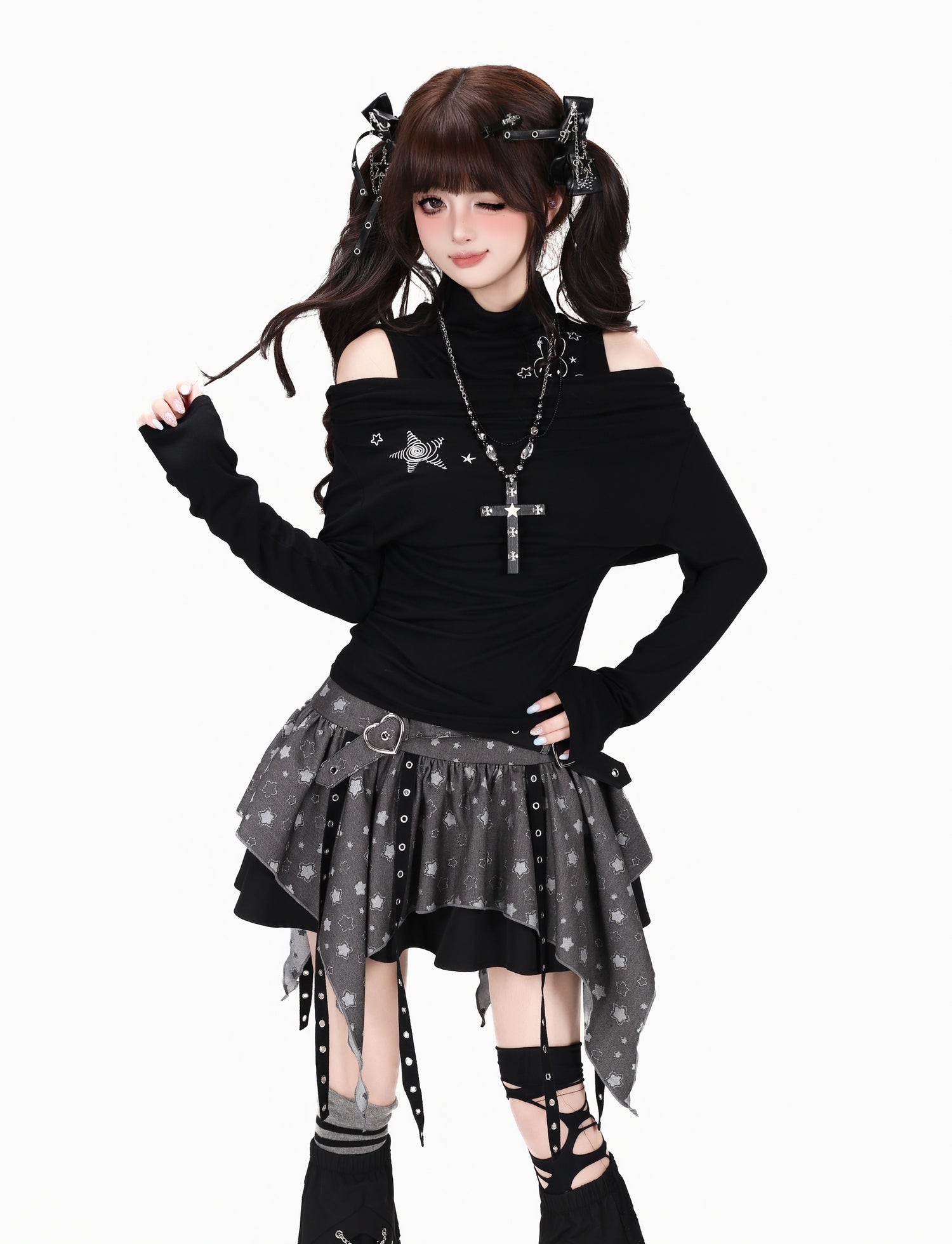 Crazy_Girl_Spliced_Faux_Two_Piece_Mock_Neck_Slim_Fit_Women&