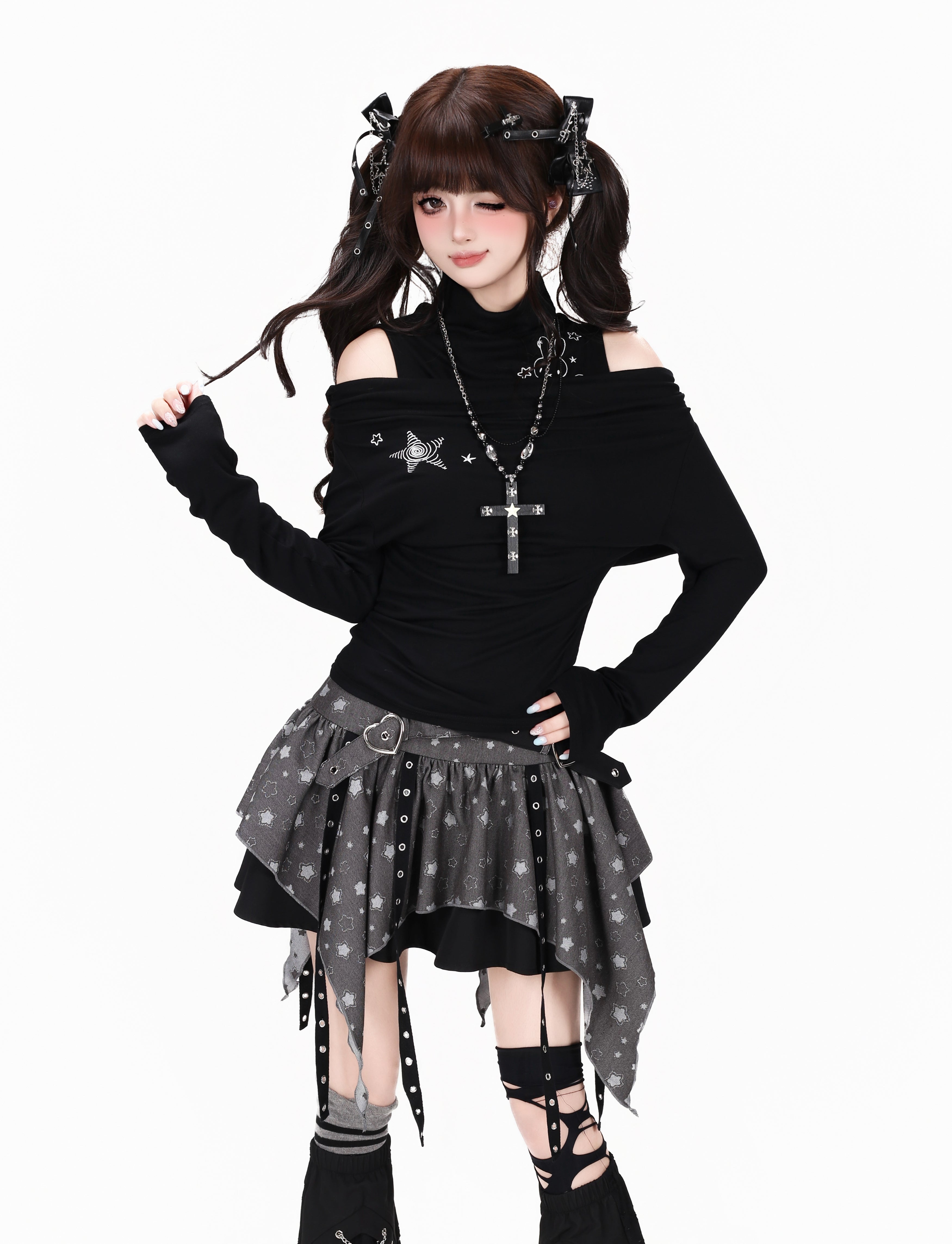 Crazy_Girl_Spliced_Faux_Two_Piece_Mock_Neck_Slim_Fit_Women&