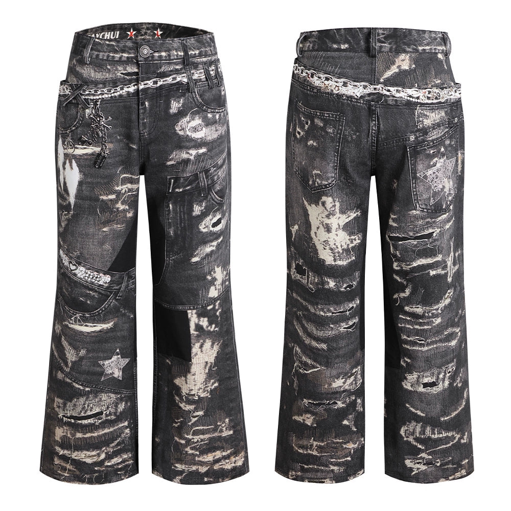 Deconstructed Digital Print Denim Pants
