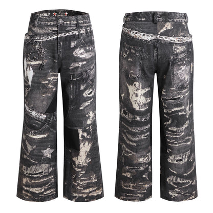 Deconstructed Digital Print Denim Pants