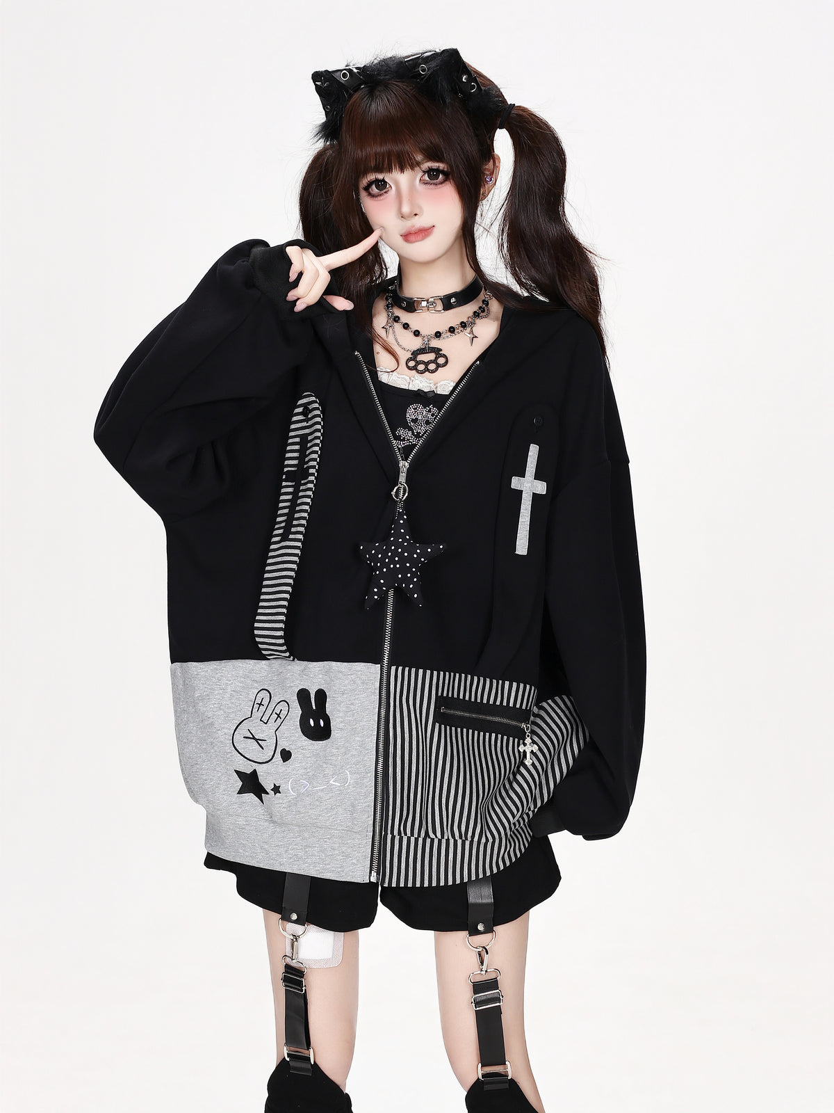 CRAZYGIRL_Striped_Patchwork_Hooded_Loose_Fit_Women&