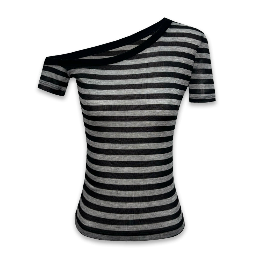 Asymmetric Shoulder Striped Fitted Tee