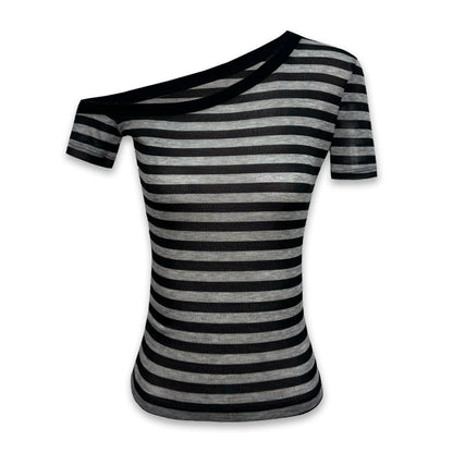 Asymmetric Shoulder Striped Fitted Tee