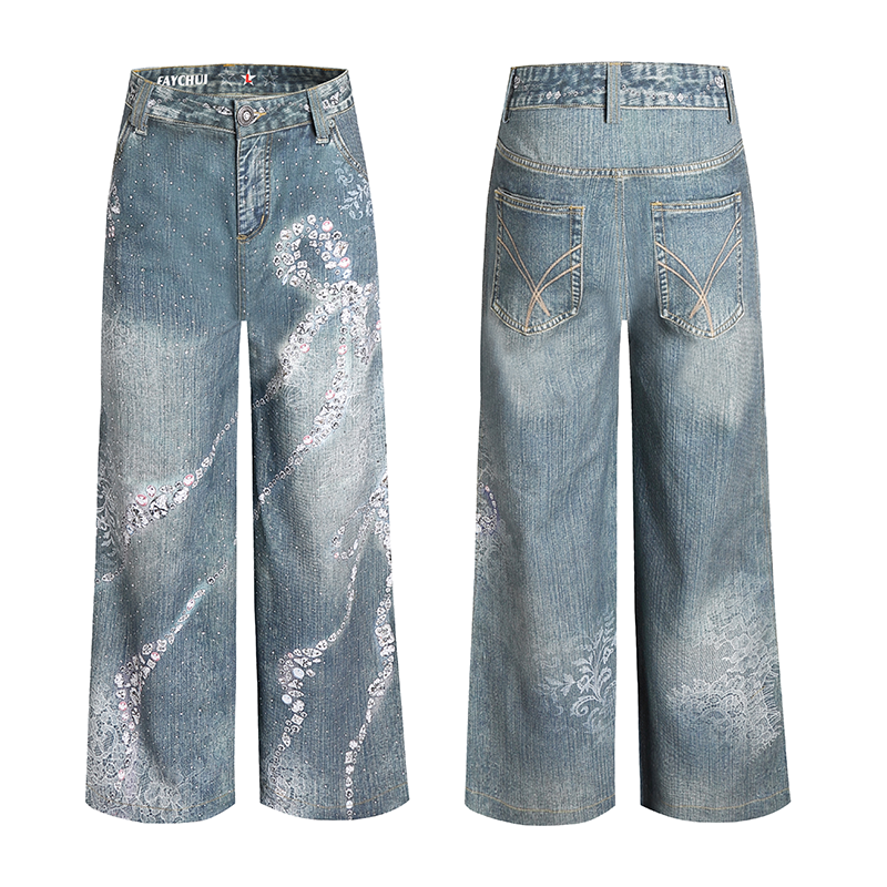 Crystal Bow Wide Leg Jeans With 3D Print