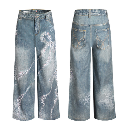 Crystal Bow Wide Leg Jeans With 3D Print