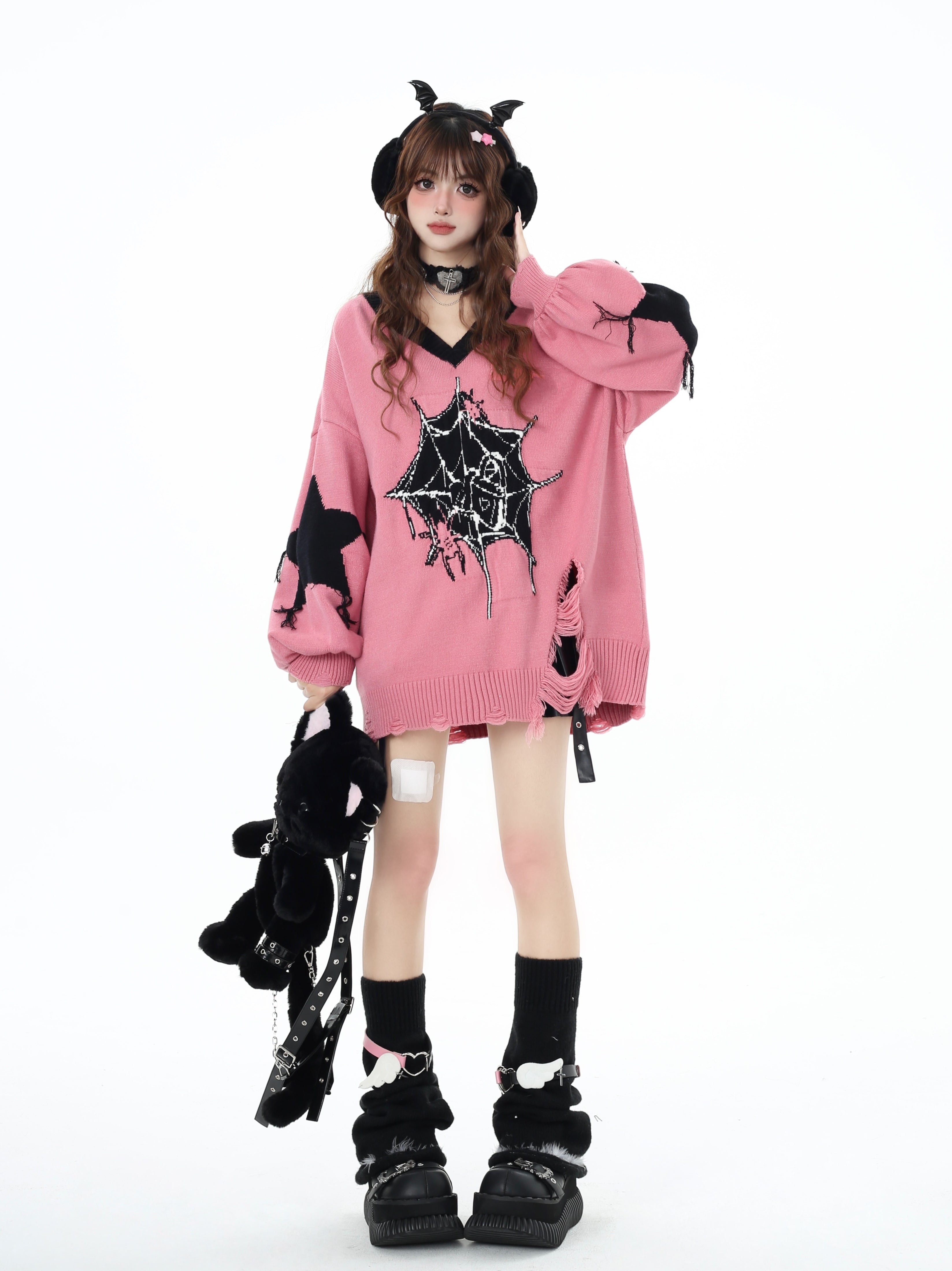 Crazy_Girl_Dark_Star_Knitted_V-neck_Loose_Mid_Length_Women&