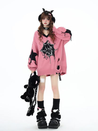 Crazy_Girl_Dark_Star_Knitted_V-neck_Loose_Mid_Length_Women&