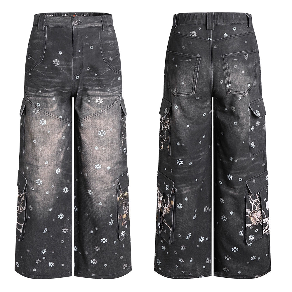 Snowflake Print Wide Leg Cargo Pants
