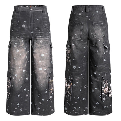 Snowflake Print Wide Leg Cargo Pants