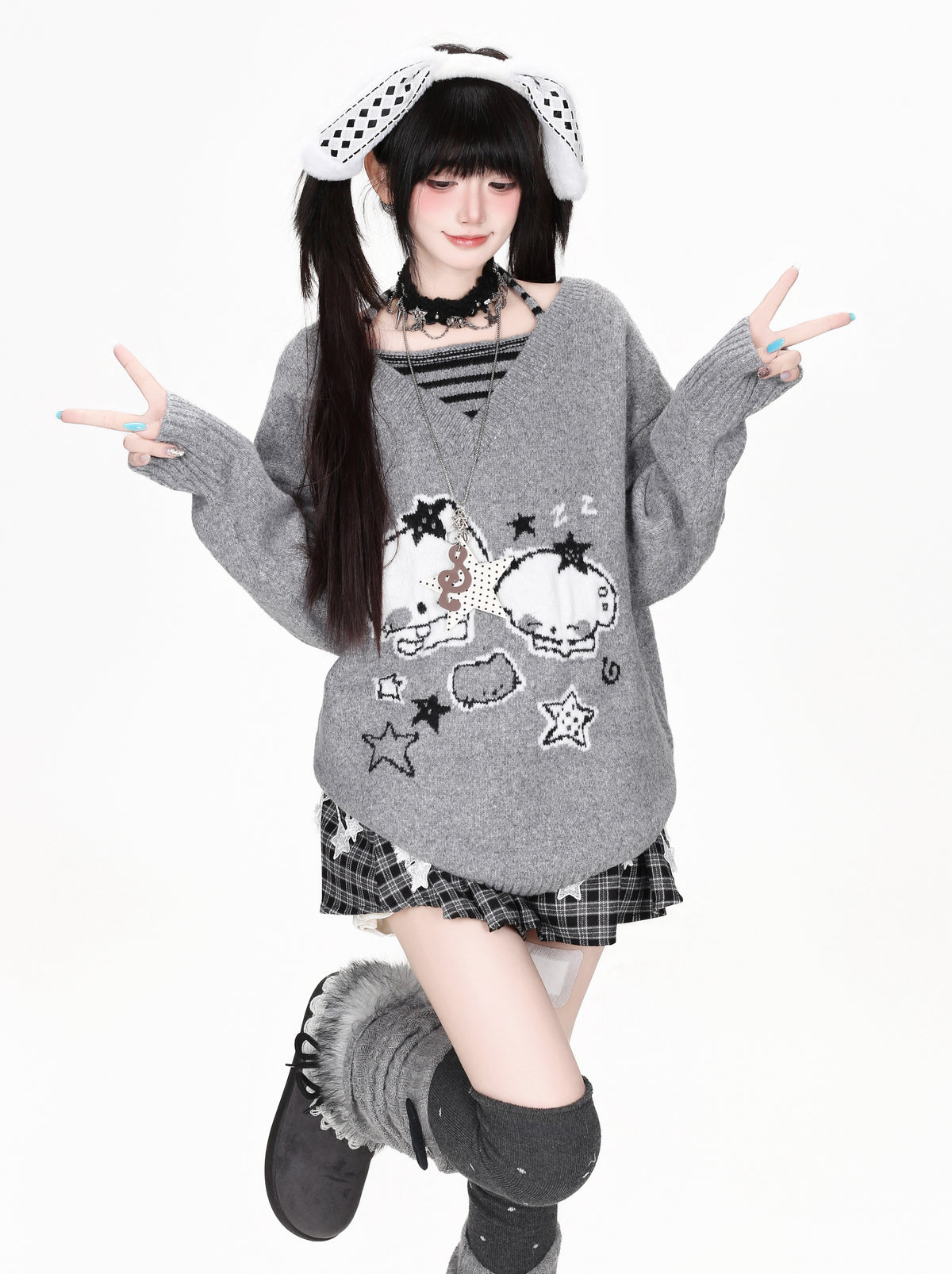 CRAZYGIRL_Striped_Cat_V-neck_Loose_Knit_Pullover_Women&