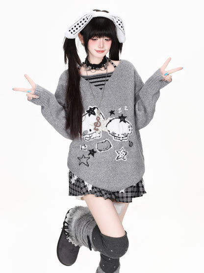 CRAZYGIRL_Striped_Cat_V-neck_Loose_Knit_Pullover_Women&