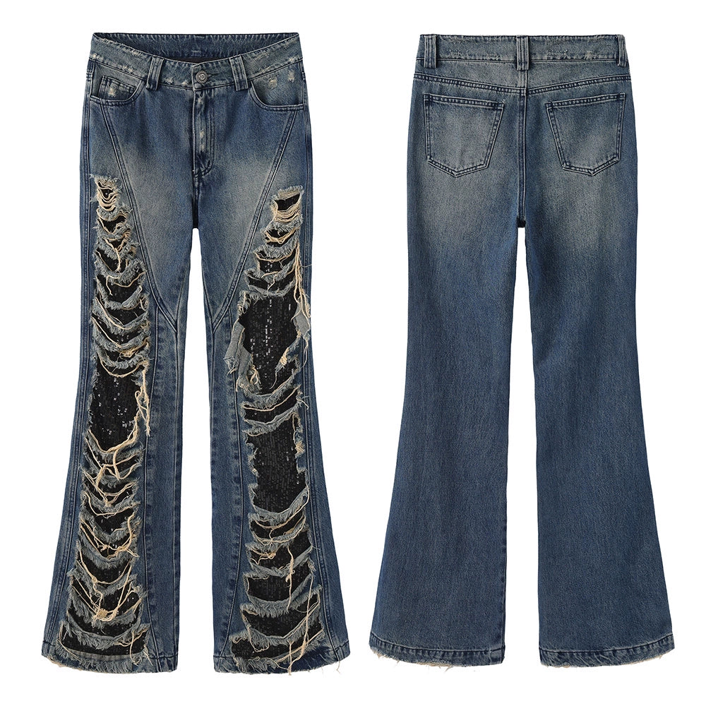 Distressed Flared Jeans With Glittering Sequins