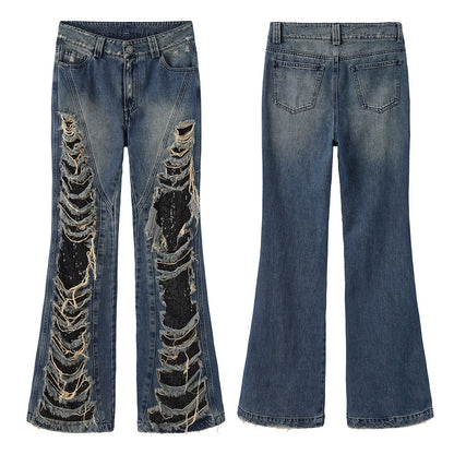 Distressed Flared Jeans With Glittering Sequins