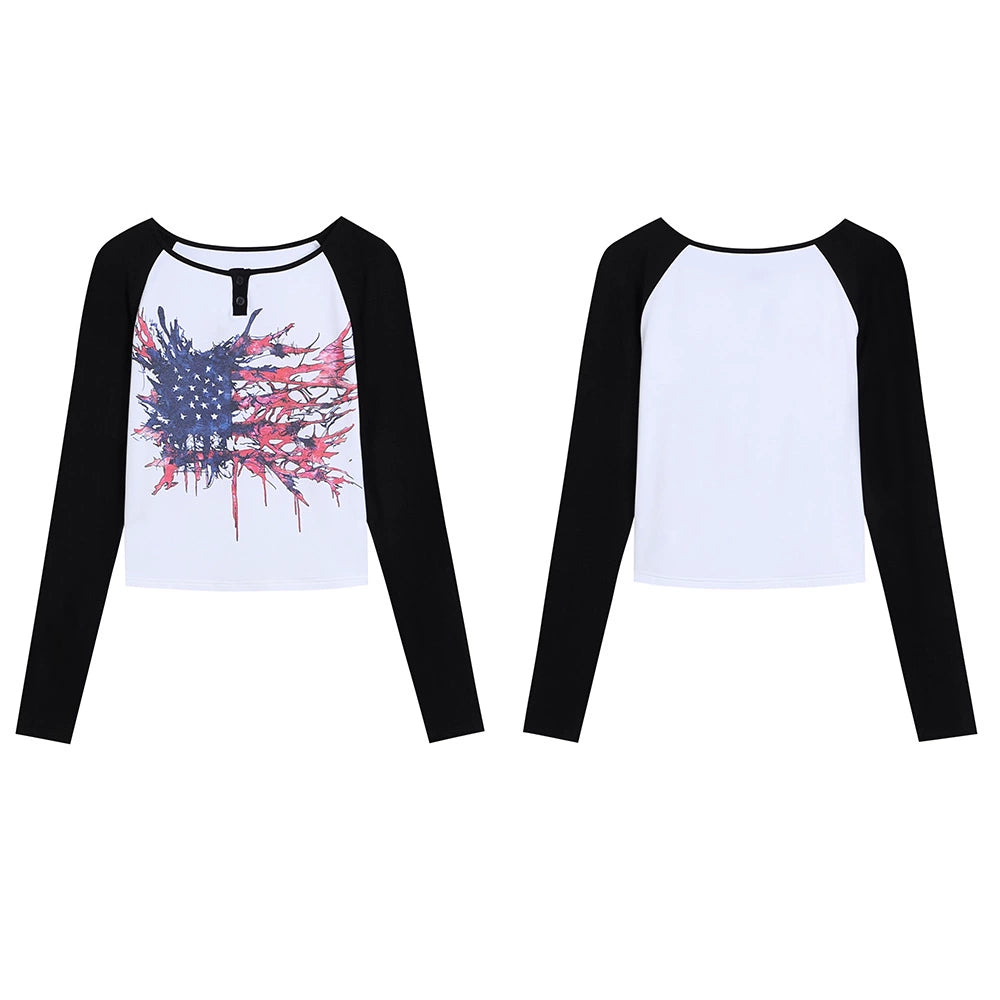 Deconstructed Flag Print Raglan V-neck T-shirt