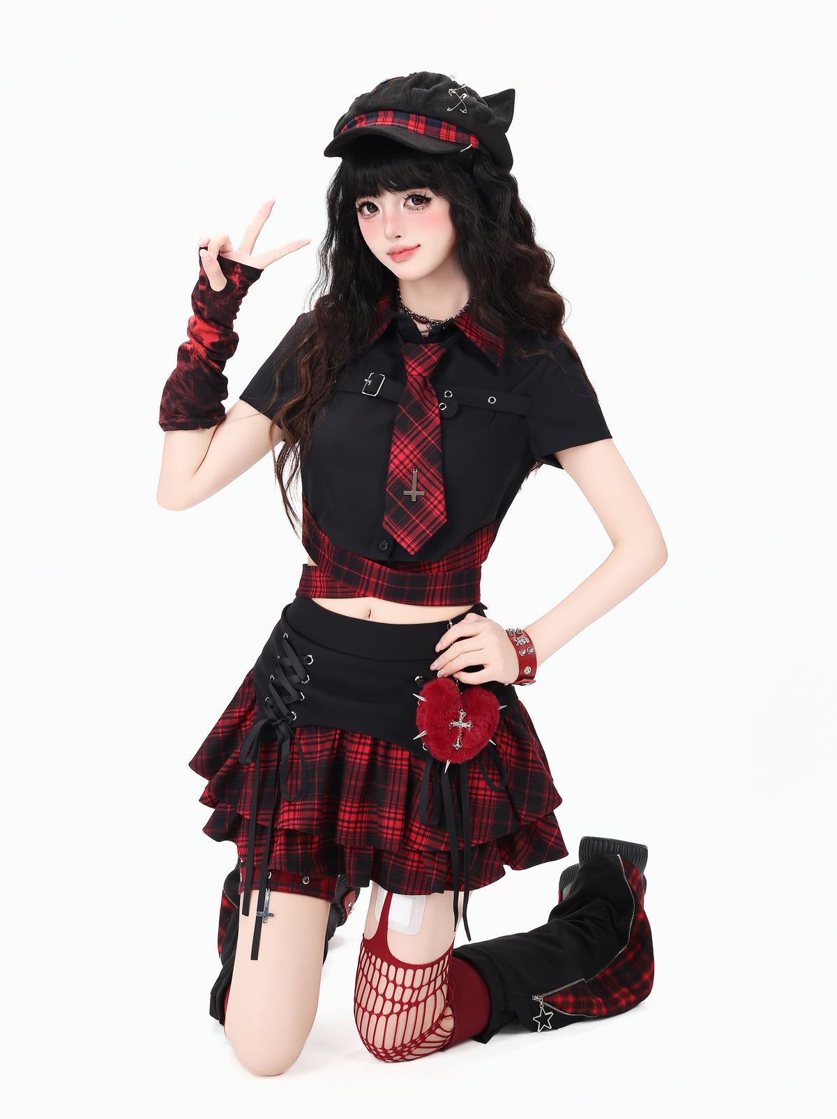 Crazy_Girl_Gothic_Plaid_Lace_Up_Backless_Exposed_Waist_Square_Shoulder_Women&