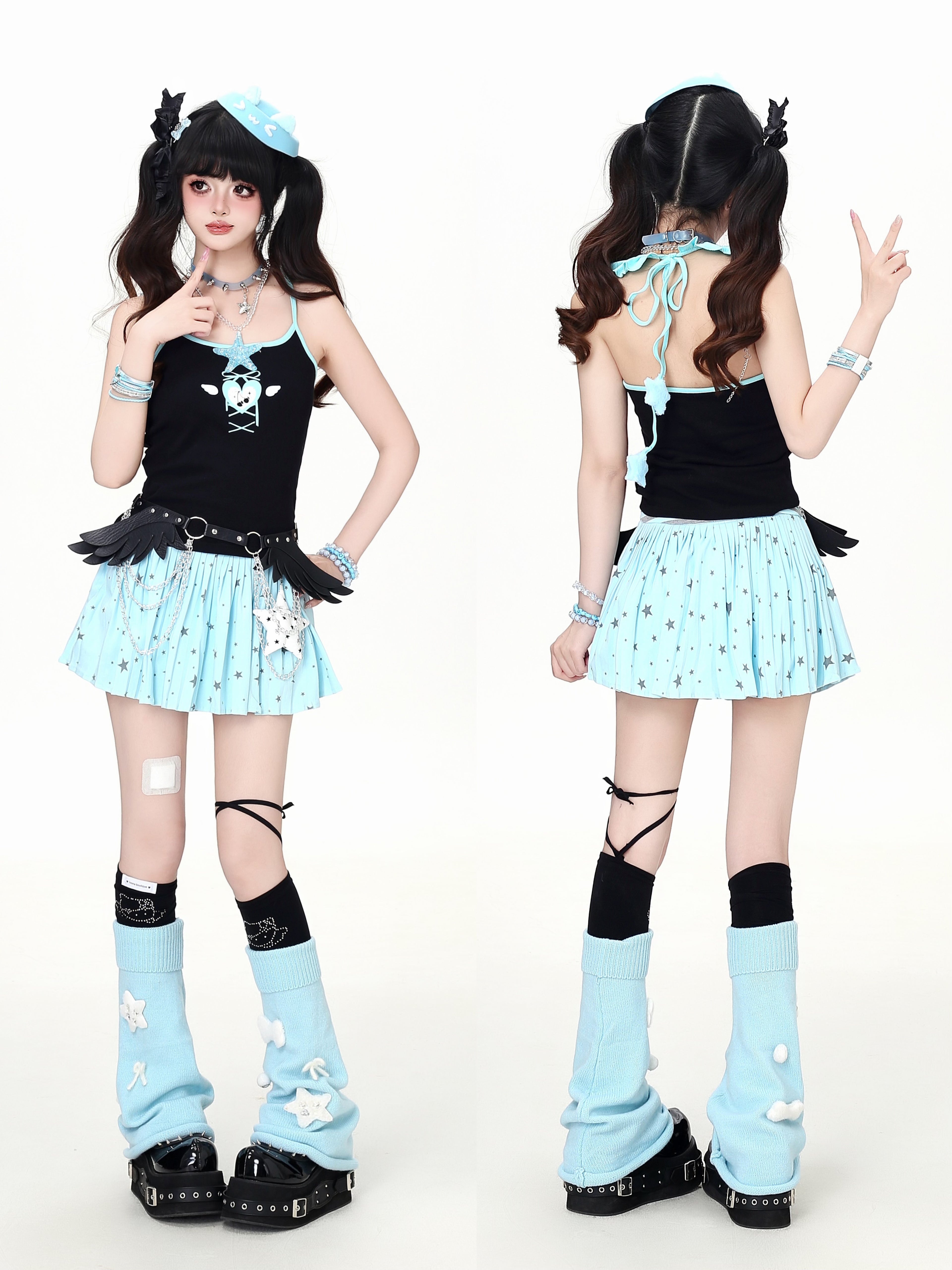 Crazy_Girl_3d_Star_Heart_Applique_Tie_Bow_Halter_Slim_Cropped_Women&