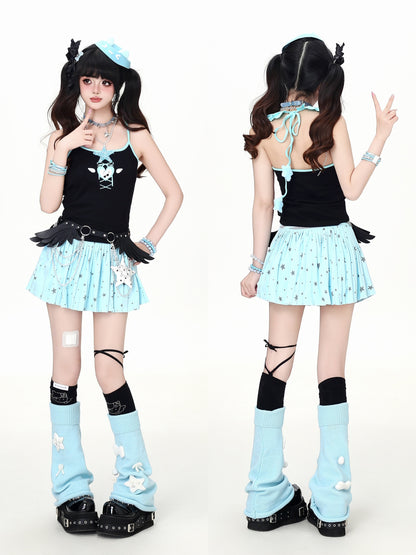 Crazy_Girl_3d_Star_Heart_Applique_Tie_Bow_Halter_Slim_Cropped_Women&