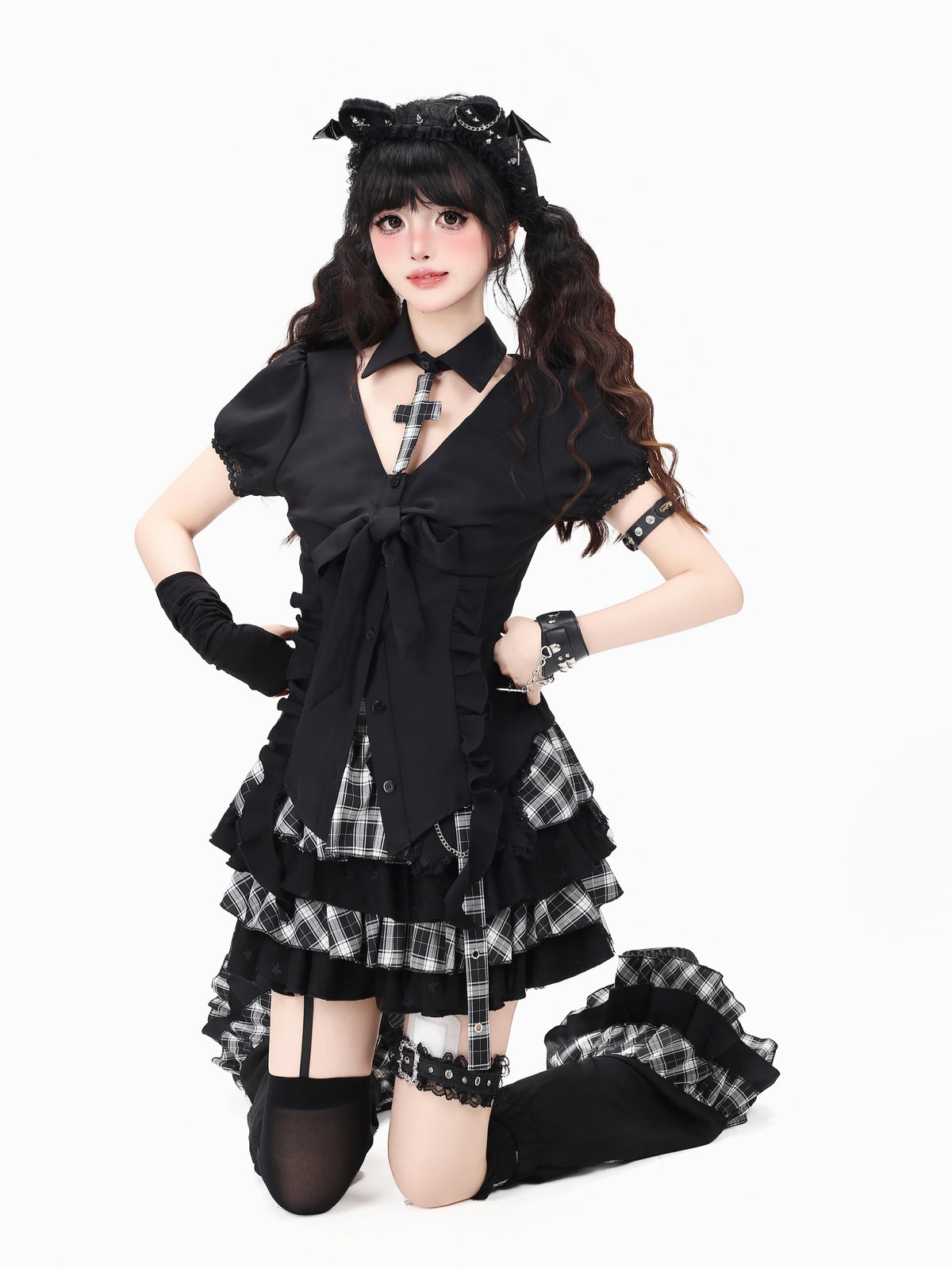 CRAZYGIRL_Black_White_Plaid_Puff_Sleeve_Slim_Fit_Lapel_Women&